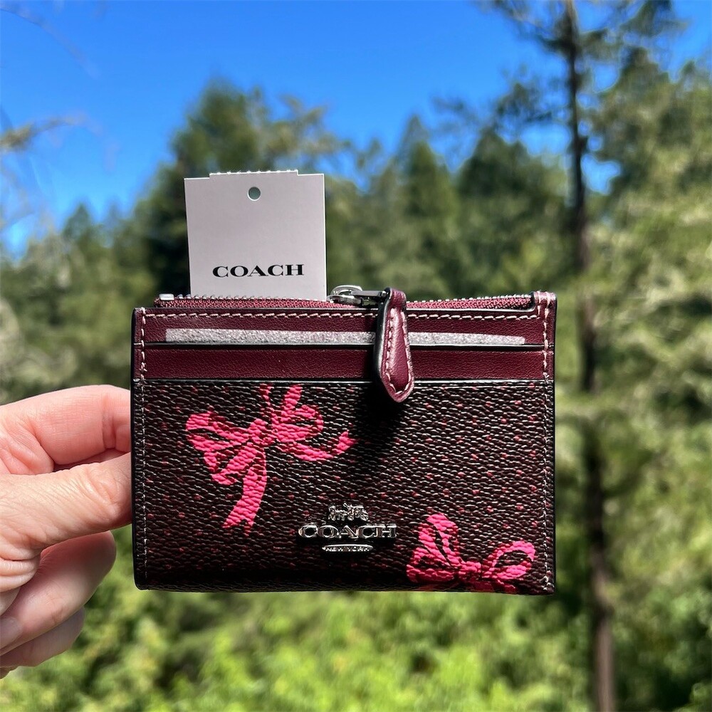 COACH Mini Skinny Id Case Cardholder Keychain Wallet XMAS Merlot Bow Print NWT